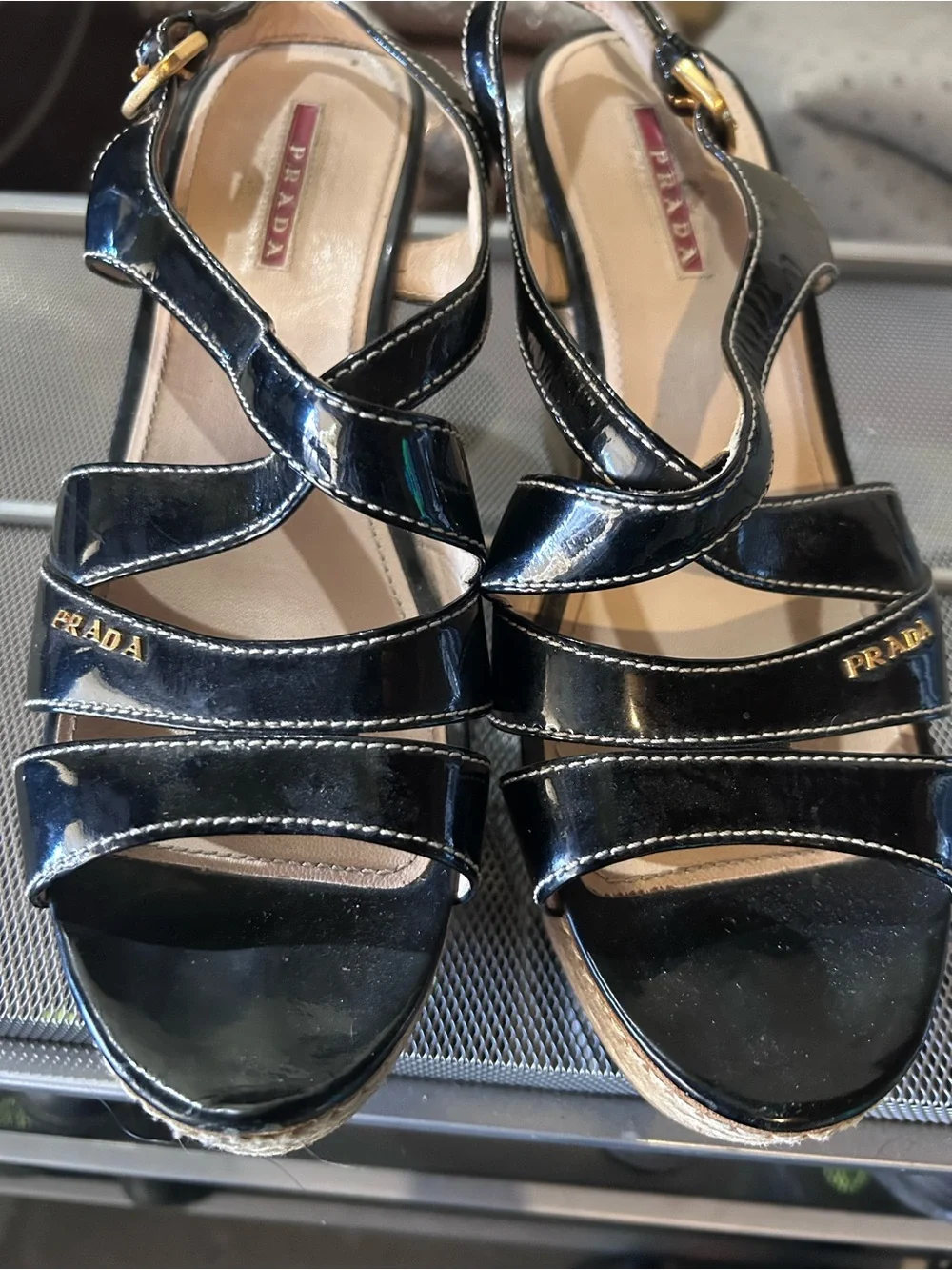 Prada Black Patent Leather Crisscross Platform Sandals